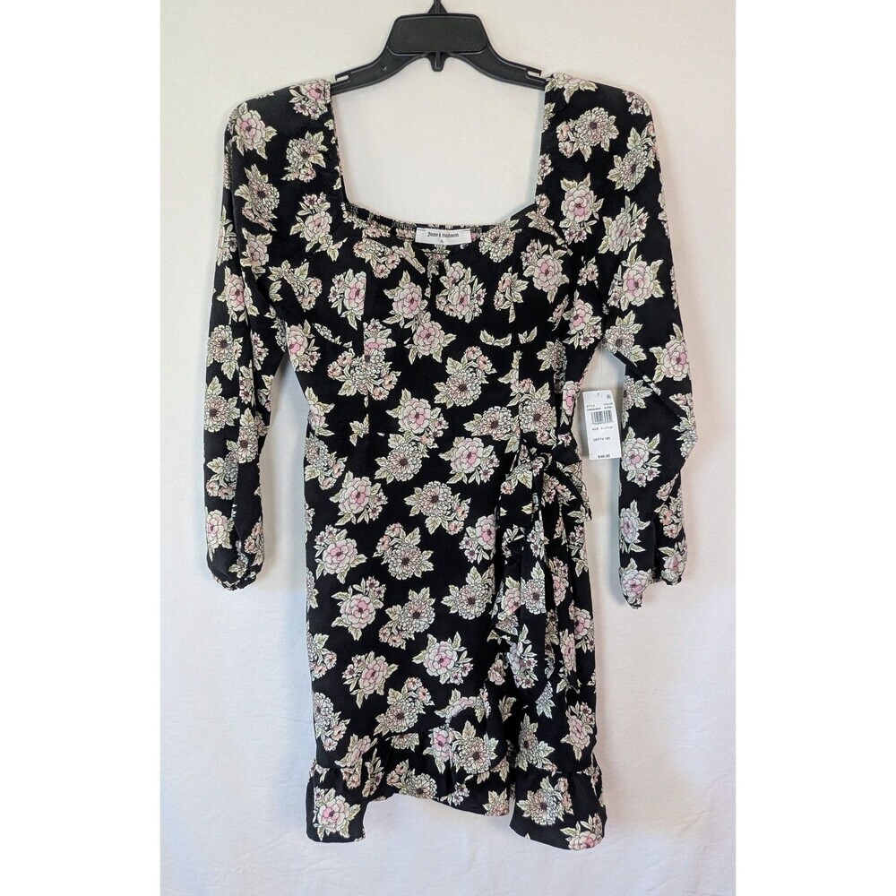 June & Hudson Floral Mini Dress XL Black Bustier Smocked Back Side Tie NWT